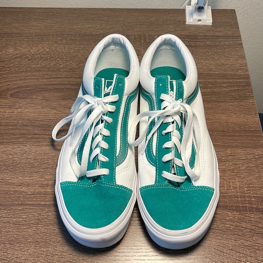 Vans green and white shoes